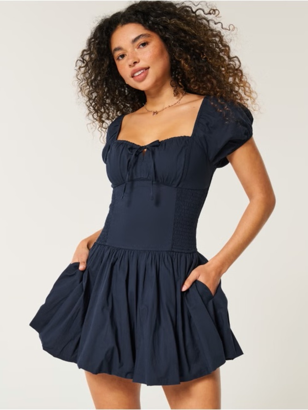 Hollister Sofia Drop Waist Navy Square-Neck Puff Sleeve Mini Skort Dress. Size M - Picture 1 of 11